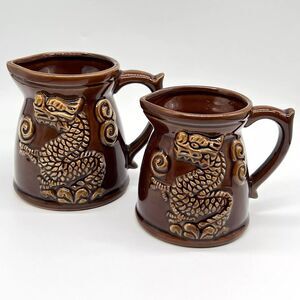 VTG Japan Dragon Measuring 1 & 1/2 Cups Brown Drip Glaze w/Handle Set of 2 MCM